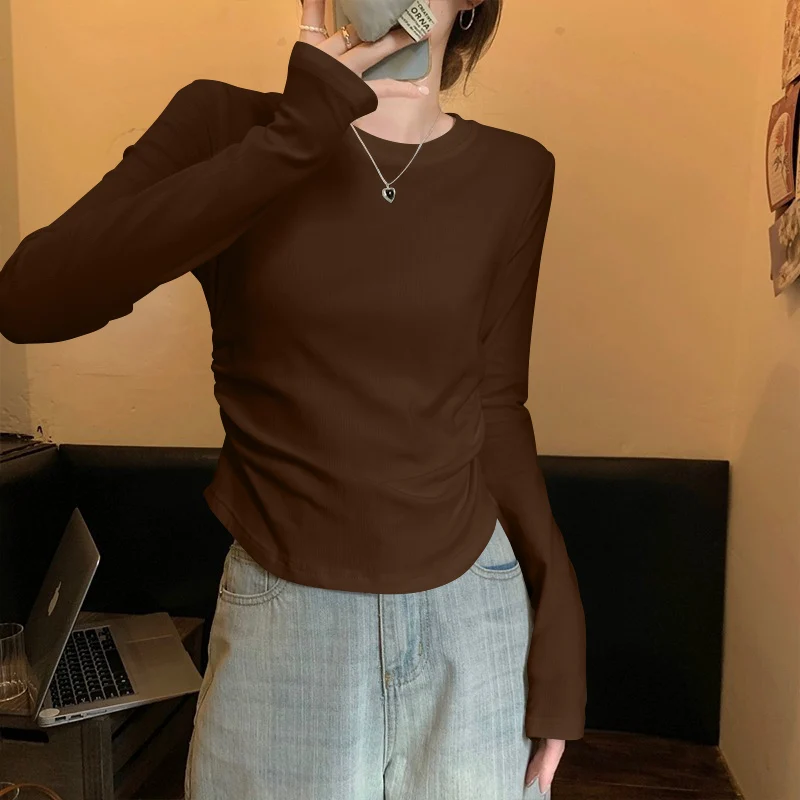 

Женская длинная футболка Sve с застежкой на талии, асимметричная корейская футболка, весенне-осенний модный топ с рюшами на основе зубов