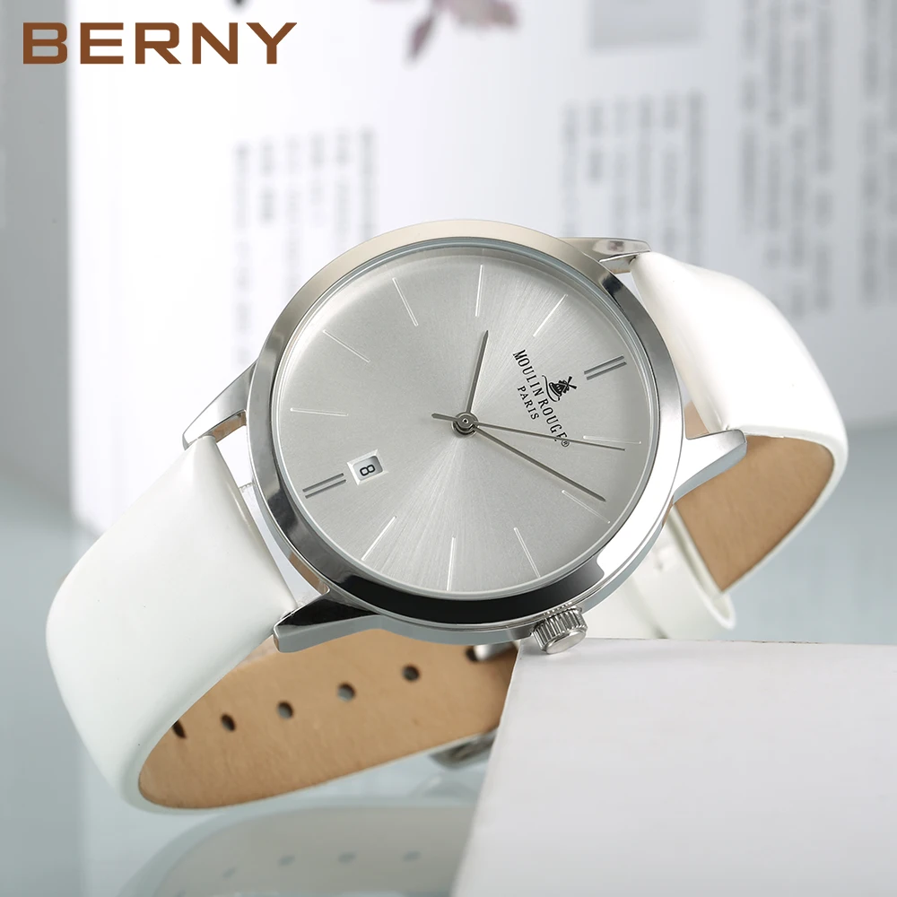 BERNY Women\'s Watch Japan Quartz Movement Ladies Calendar Window Leather Strap Wristwatch Clock for Woman Casual Waterproof