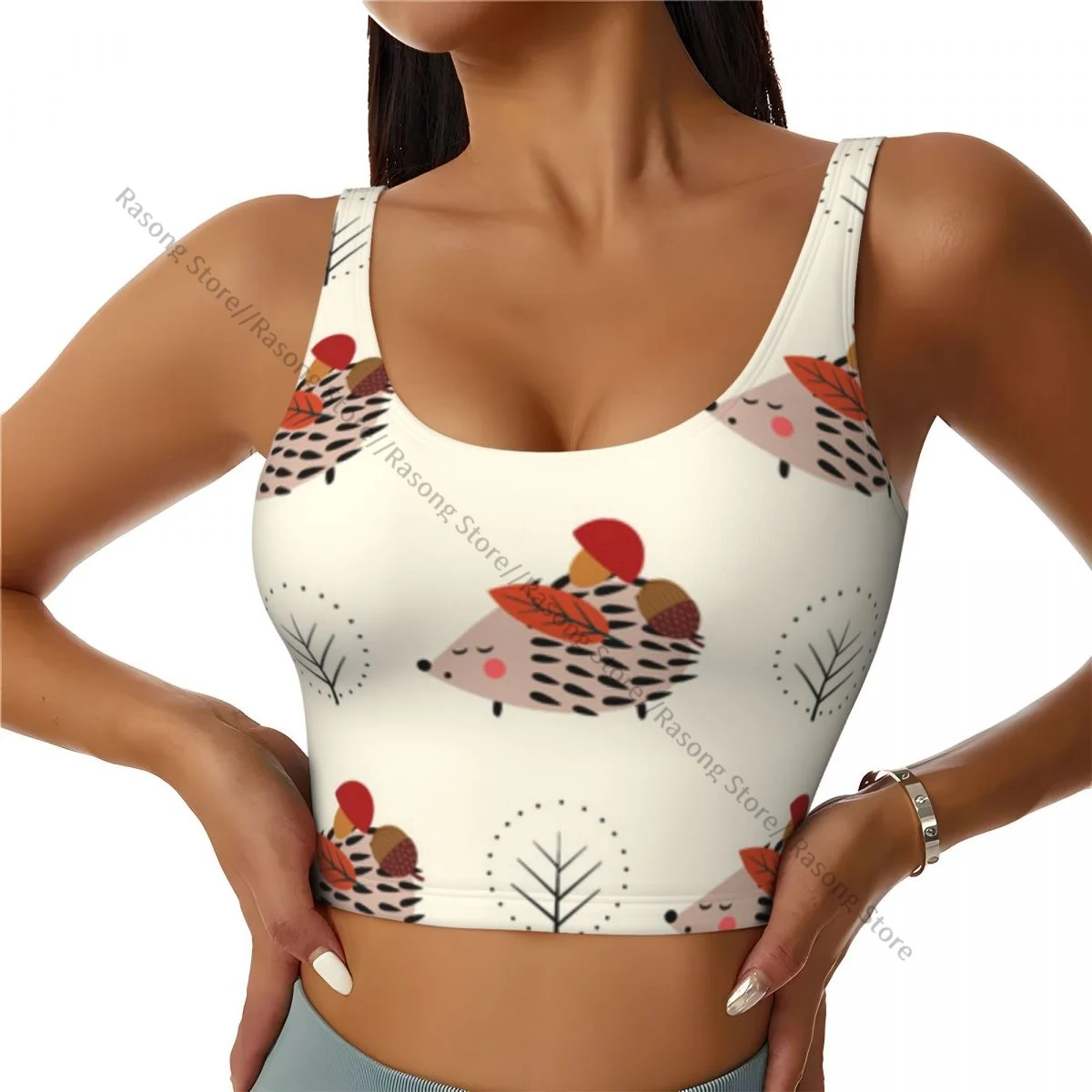 Sports Bra Women Running Yoga Clothes Vest Cute Hedgehog With Mushroom Acorn And Tree Pattern Gathering Fitness Vest