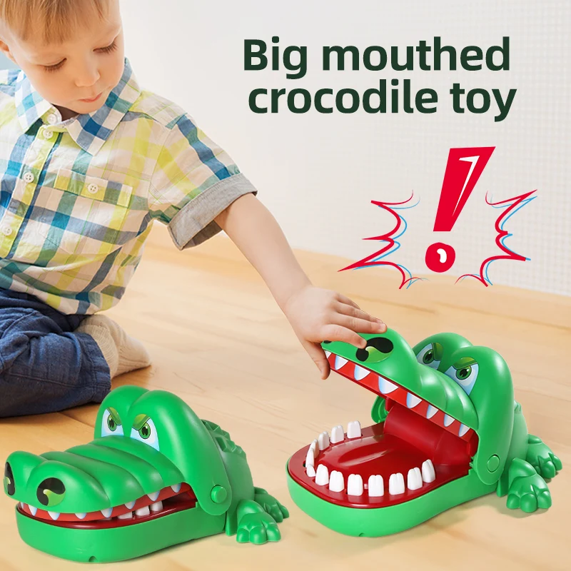 Parent child interaction prank crocodile bites fingers family gathering game toy