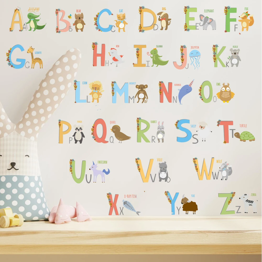 New Wall Decals Alphabet Animal Stickers Abc Sticker Wallpaper Room Decal Cartoon Removable Nursery Kids Playroom Diy Classroom