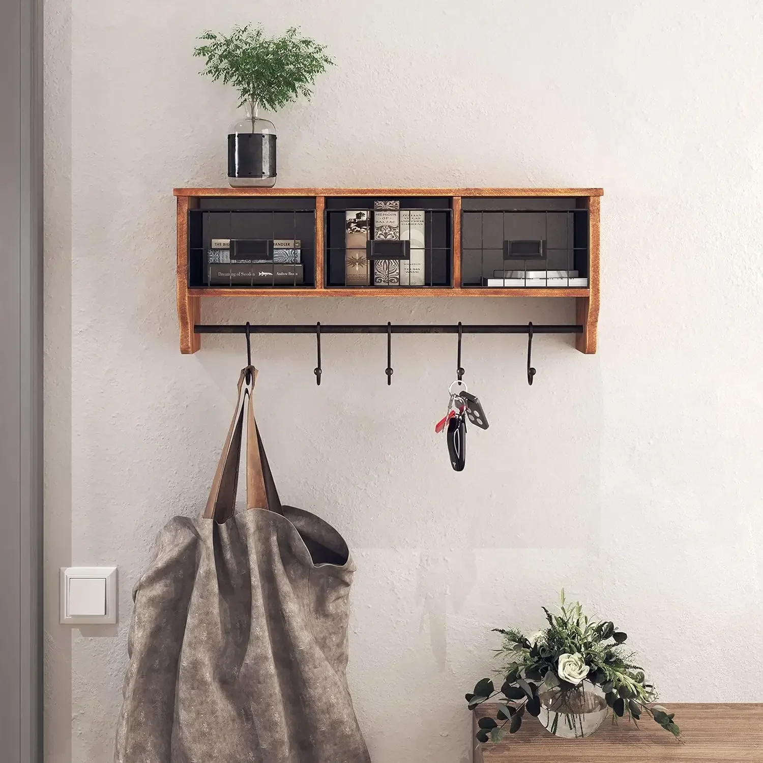 Wall Mounted Shelf with Coat Hooks and Baskets, Solid Wood Entryway Organizer Wall Shelf with Hooks