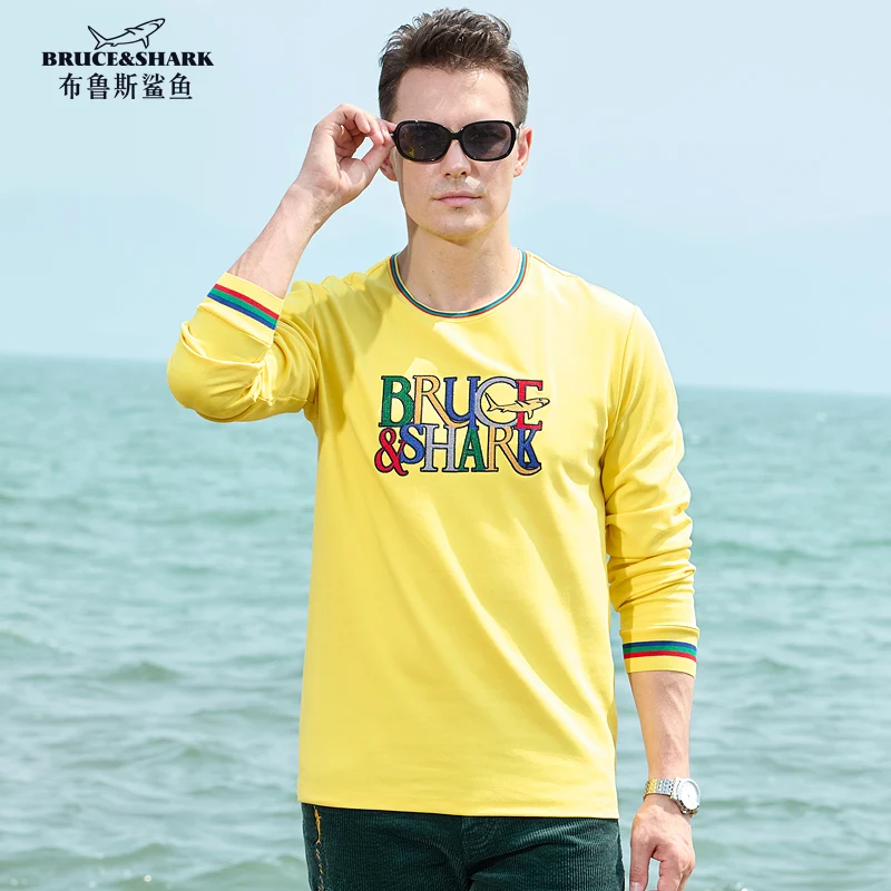 

2025 Autumn Men's T-shirts Full Sleeve Round Neck Bruce&Shark Fashion Embroidery Men's Yellow Tees Cotton Base Coat Big Size 4XL