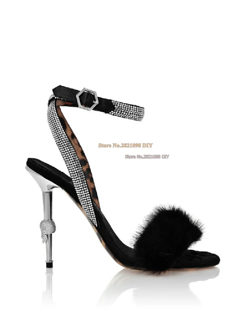 Skull Heel Crystal Embellished Fur Sandals Women Stiletto Heeled Summer Party Shoes Open Toe Thin Heel High Heels