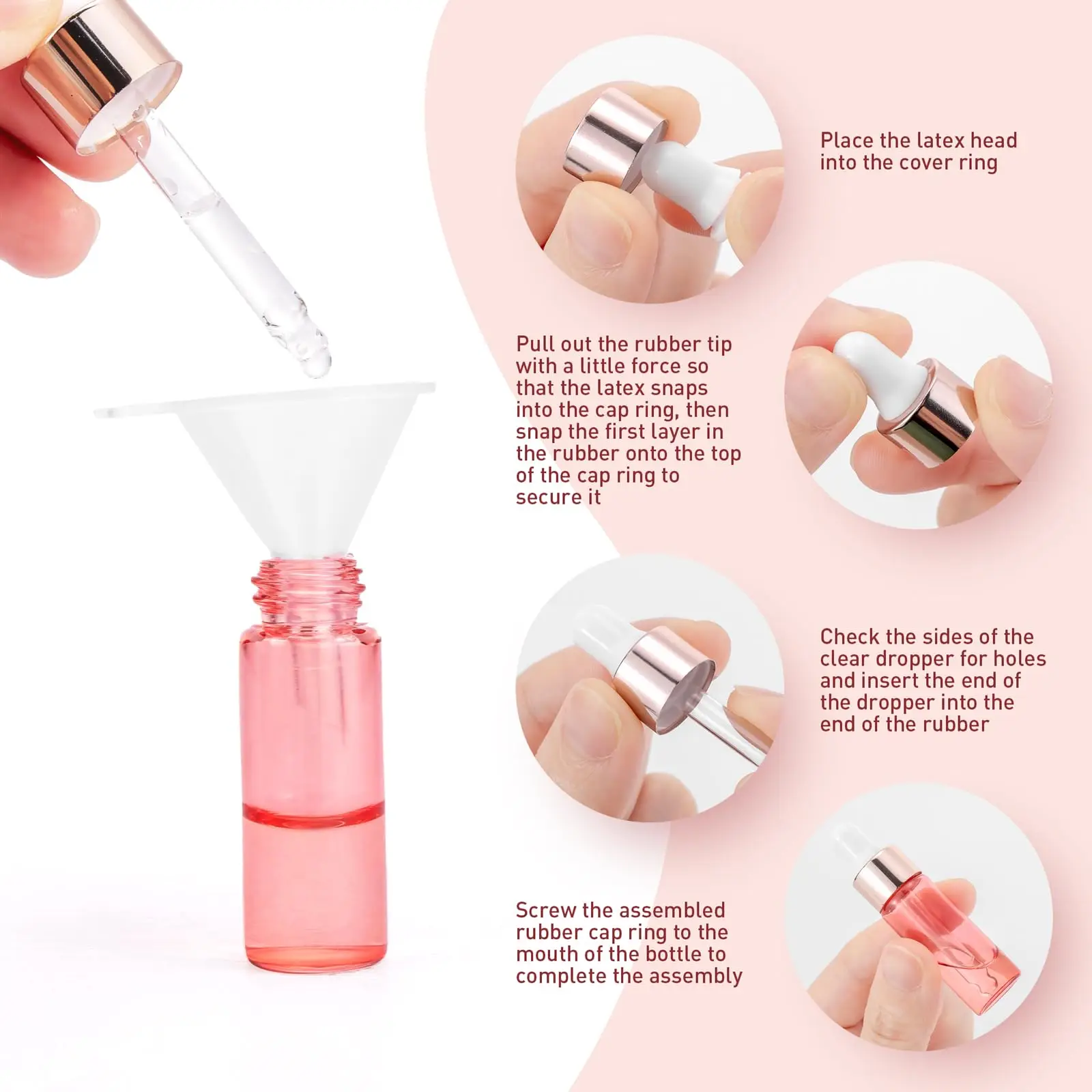 Confezione da 100 flaconi contagocce per oli essenziali rosa, fiale vuote per campioni in vetro con contenitore per liquidi per aromaterapia con profumo in tubo di vetro