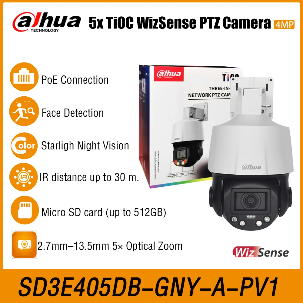 Dahua SD3E405DB-GNY-A-PV1 TiOC WizSense 네트워크 PTZ AI 카메라, 얼굴 인식 양방향 대화, SMD3.0, 5X 광학 줌, 4MP 2.7-13.5mm