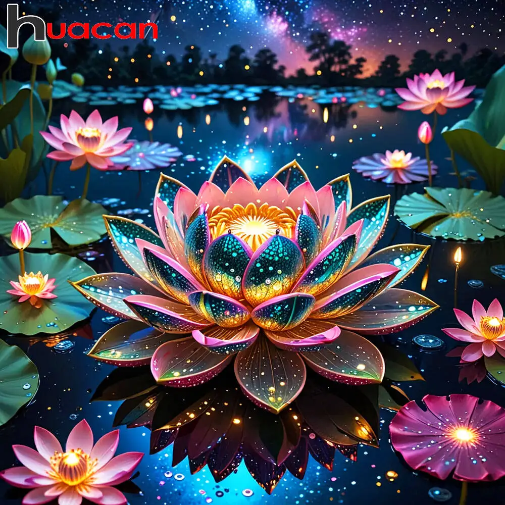 Huacan Vollquadrat Rundes Diamantgemälde Lotus Diamant Mosaik Blumenkunst Dekorative Gemälde