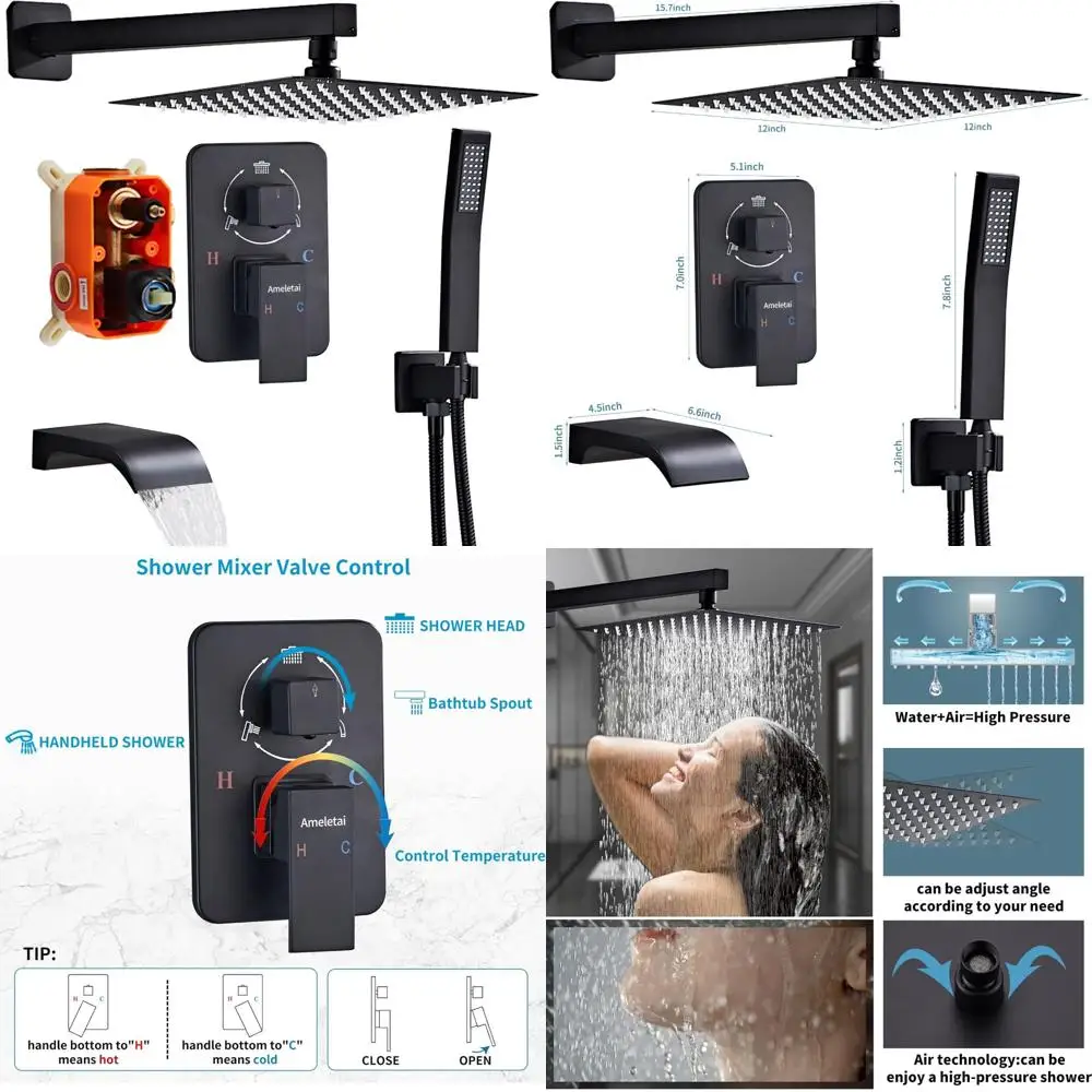 

Square Rainfall Showerhead Set with Handheld, Wall-Mounted Matte Black Faucet, Anti-Clog Silicone Technology, Waterfall Spout In