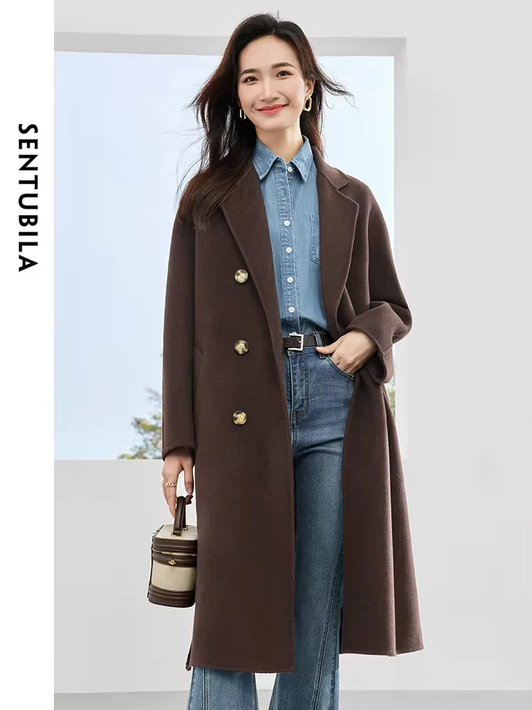 

SENTUBILA 2024 Winter Long Belted Woolen Coat Women 100% Wool Double Breasted Double Sided Wool Jacket Woman Outerwear W34O49252