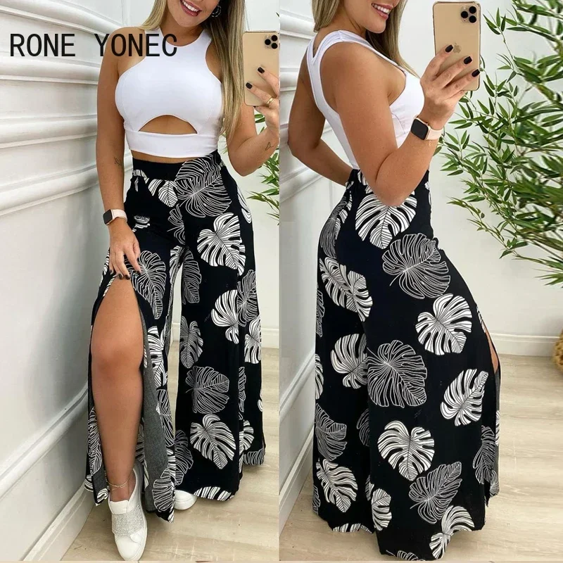 Women Solid Cut-out Tank Top & Tropical Print Split Wide Leg Pants Set Summer Suit