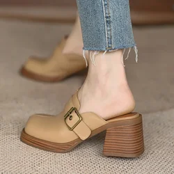 Baotou Half Slippers Women's New Commuter Thick Heels Thick Sole Outer Wear Muller Shoes Belt Buckle High Heels Women Shoes