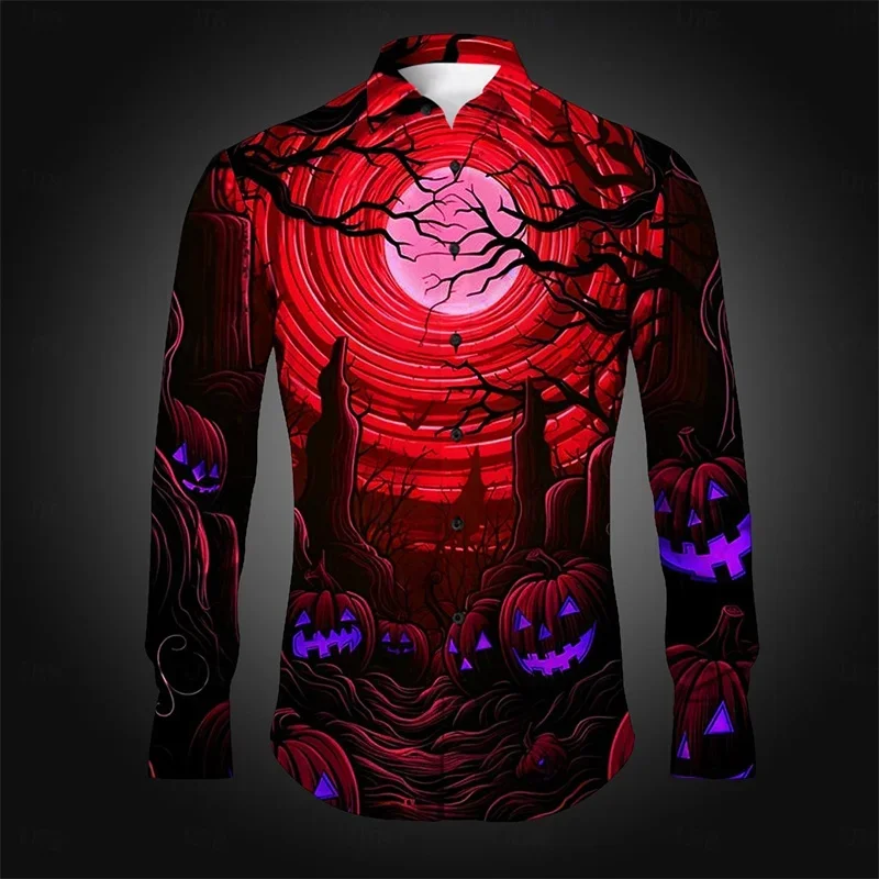 Men\'s Halloween Pumpkin Ghost Face Shirt, Horror Button Lapel Shirt, Long Sleeve, Party, Evening, Autumn, 3D Printing, 6XL