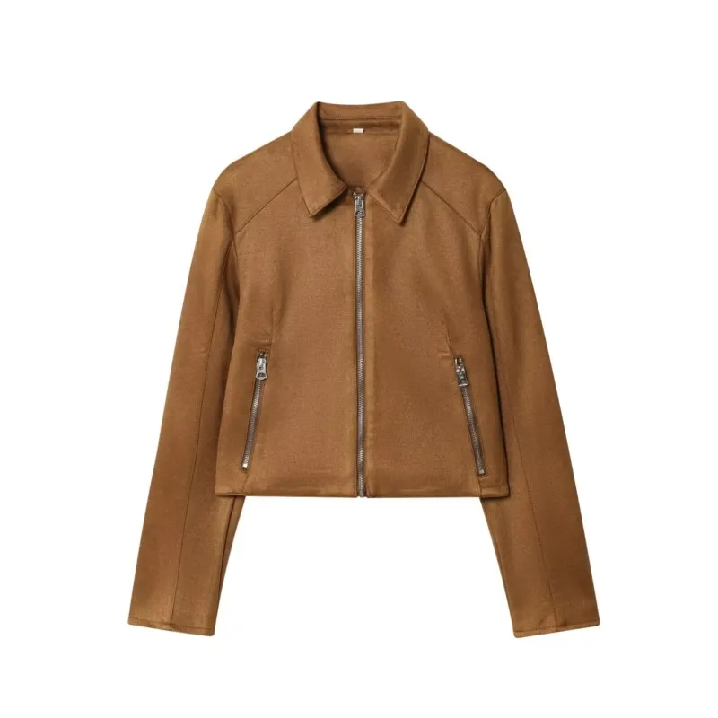 

HipSeam Women's Jacket Autumn Casual Leather Zipper Turn Down Collar Long Sleeve Pocket Fashion Female Coats