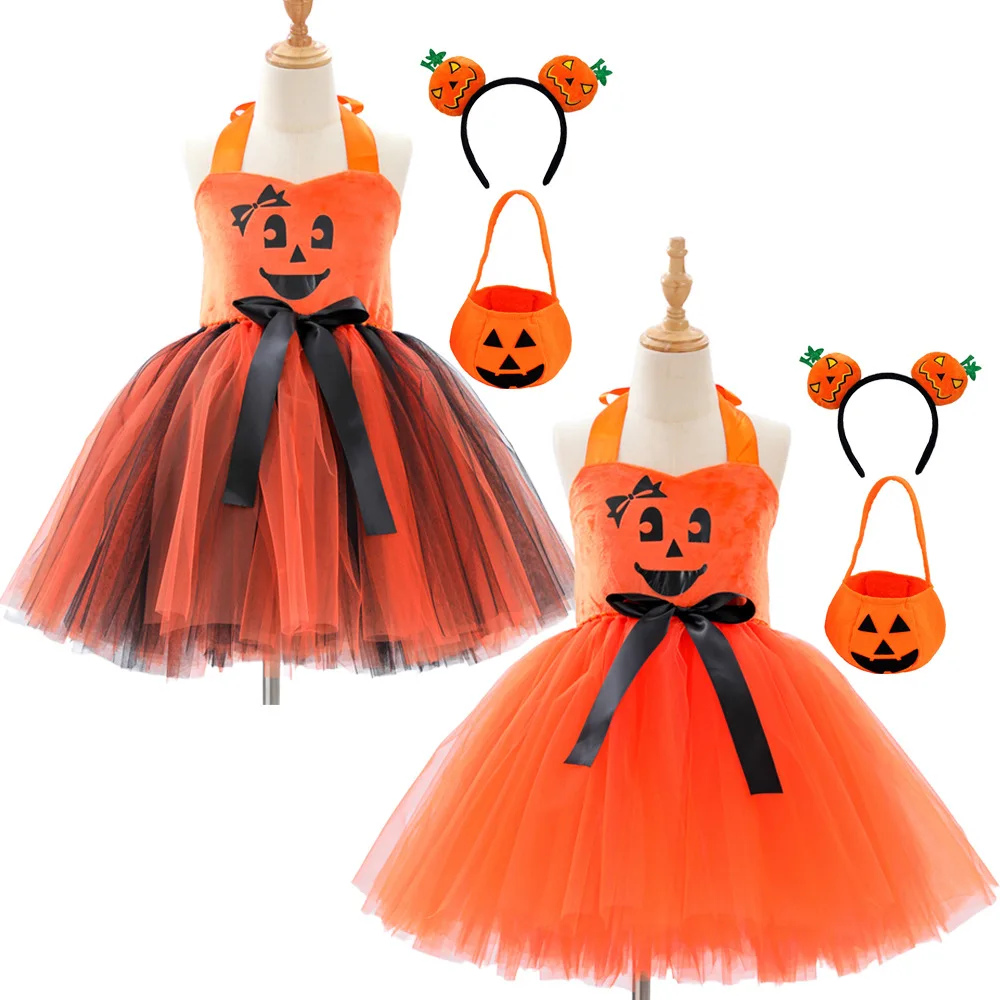 

Girls Halloween Pumpkin Cosplay Dress Children's Stage Performance Costumes Witch Dress Up Costume Pumpkin Princess Sling Dress