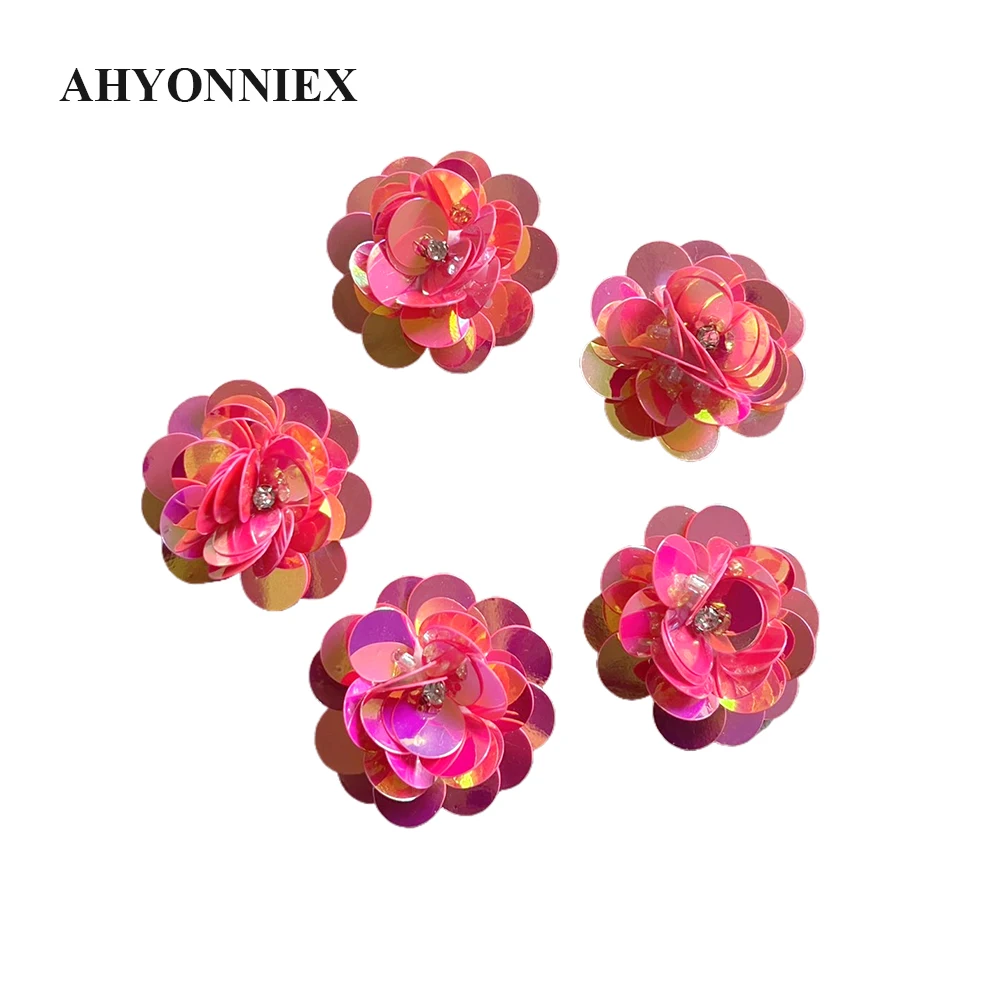 10Pcs/Lot Handmade Beads Sequins Shining Pink Flower Patch Clothing DIY Decorative Patch Earrings Hairband Accessories