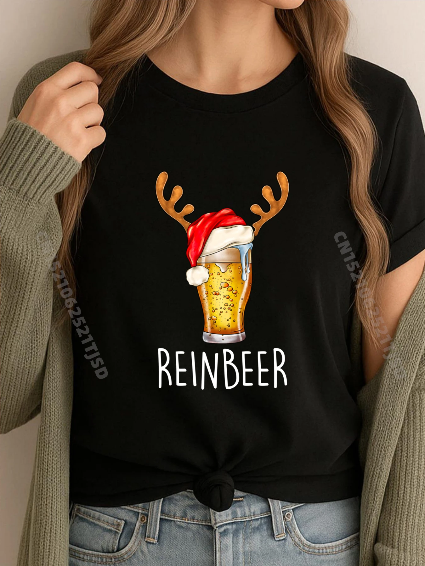 

Winedeer Reinbeer Santa Hat Олень Пара Рождественские одинаковые черные футболки с рисунком Футболки