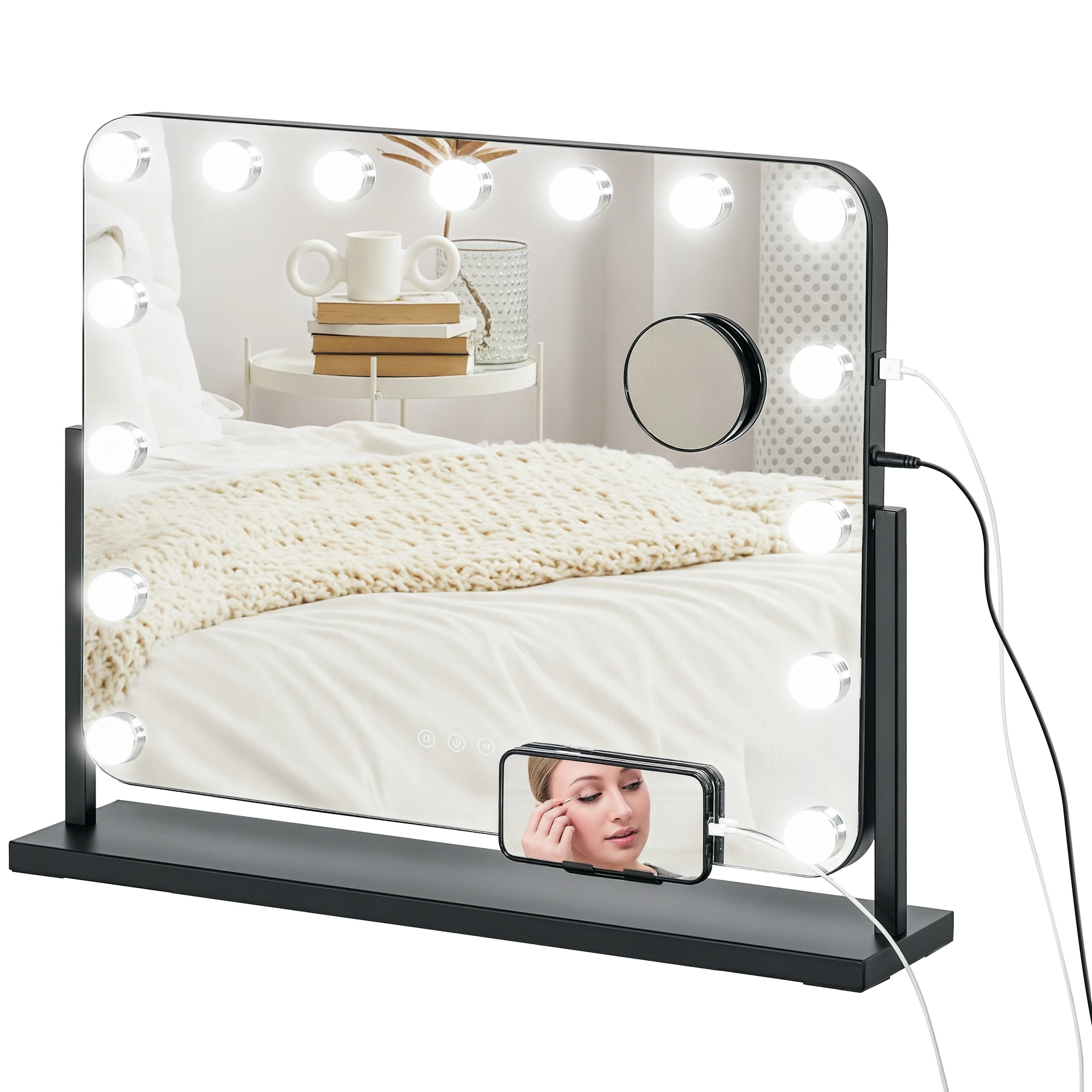 HOMCOM Hollywood Espejo de Maquillaje con Luz 58x46 cm con 14 Bombillas Negro