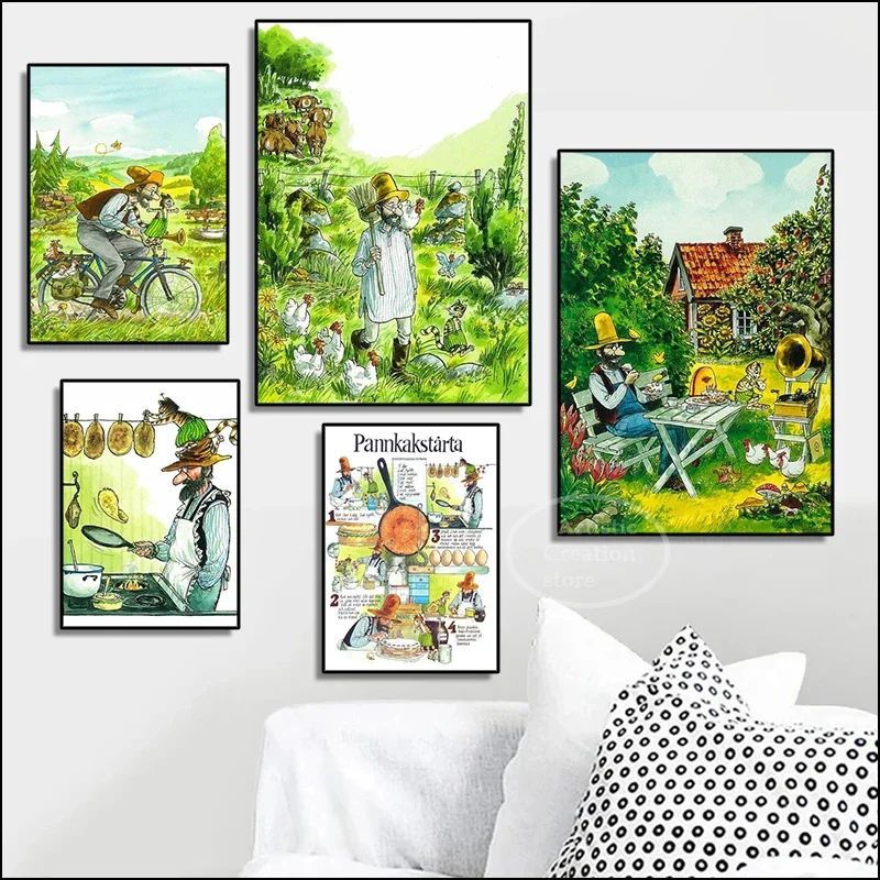 Pettson and Findus Canvas Painting Posters Anime Swiss Art, Classic Wall Posters Wall Art Home Decor for Nursery Kids Bedroom