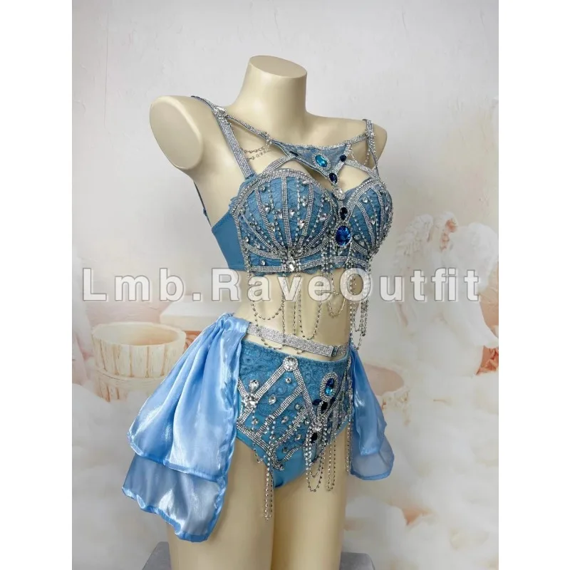 Personalizado azul sexy cheio de diamante sílaba elétrica salto di bikini bar festival música concerto samba carnaval trajes