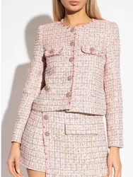 Spring Autumn Fashion Set Women Elegant Pink Color Tweed Round Neck Coat Jacket or Slip Mini Dress Ladies Suit