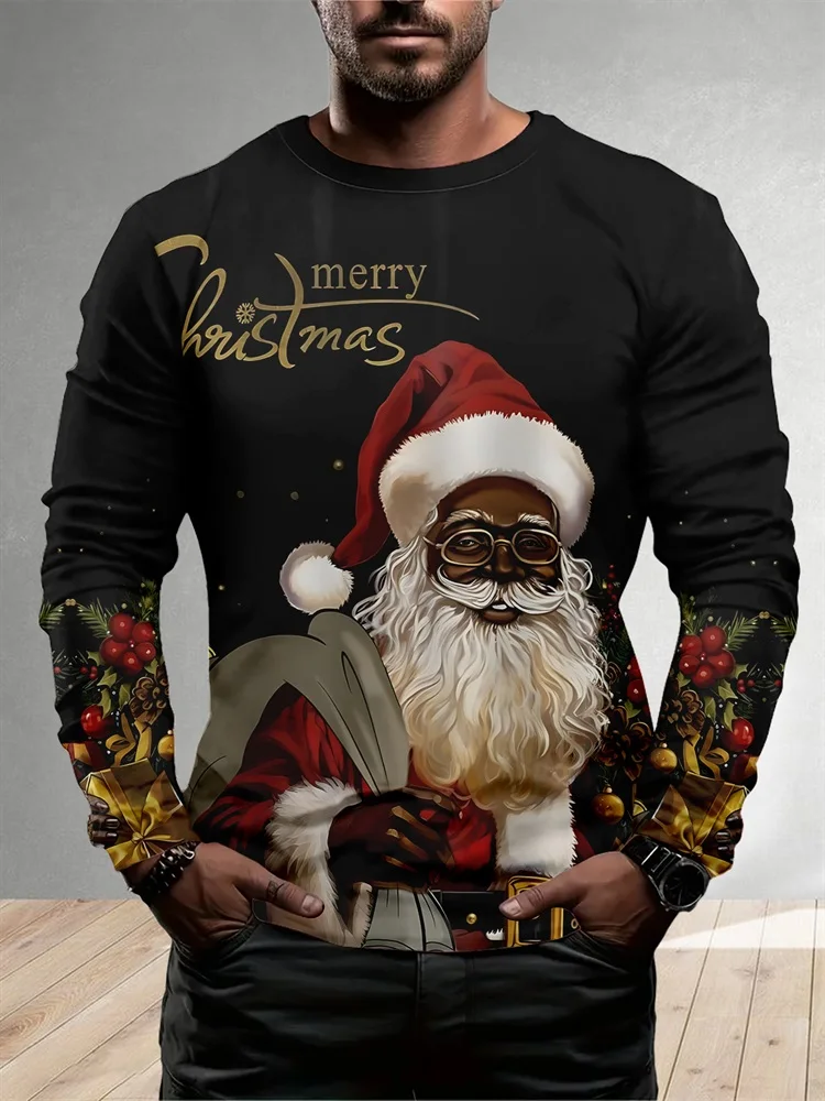 Men's African American Santa Long Sleeve T-Shirt Gold Merry Christmas Holly Bell Graphic Tee Holiday Pullover Tops Gift New
