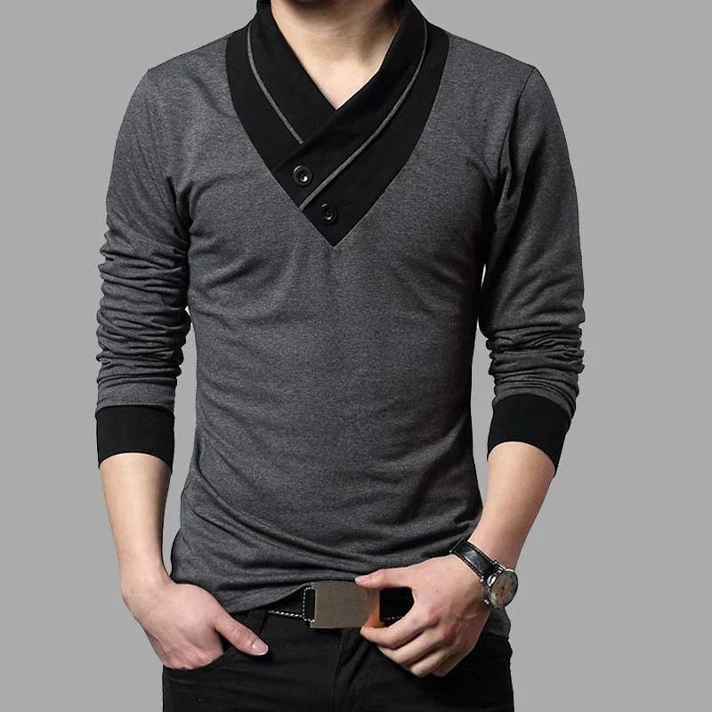 2024 Fashion Brand Trend Slim Fit Long Sleeve T Shirt Men Patchwork Collar Tee V-Neck Men T-Shirt Cotton T Shirts Plus Size 5XL