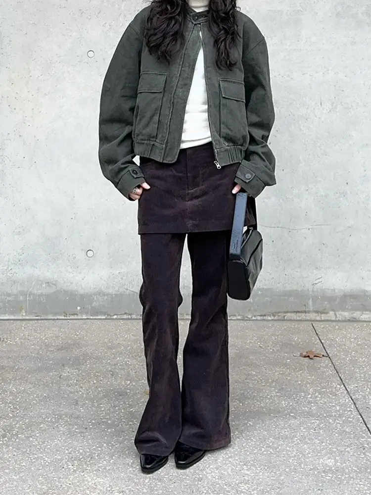 

2025 Design Sense Stacked Corduroy Skirt Pants Women's Fake Two Piece Micro Horn Floor Pulling Pants