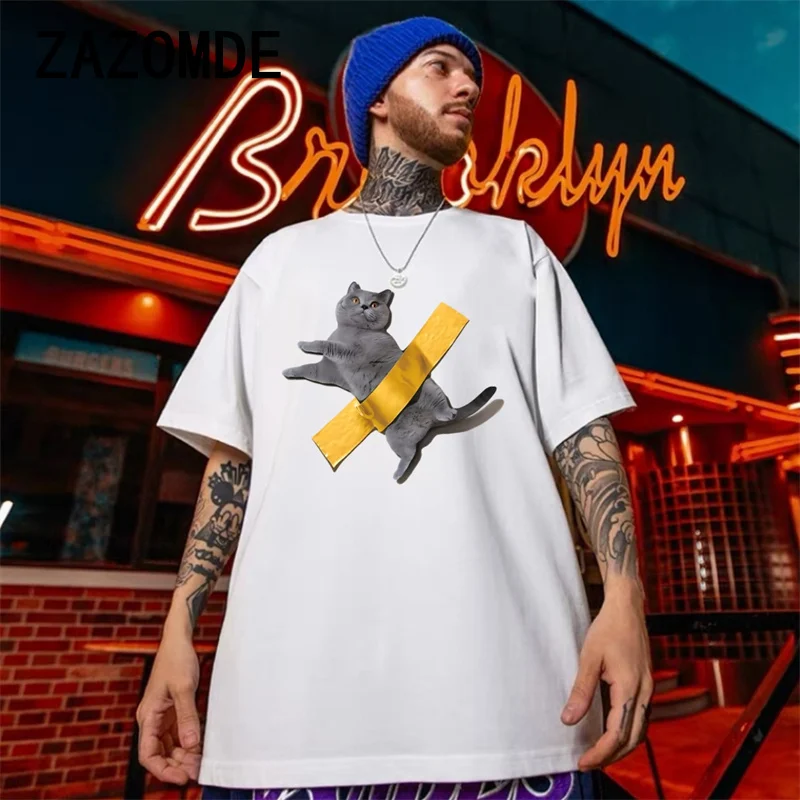 

ZAZOMDE High Quality Cotton Cute Cat Print T-shirts Man Funny Cat T Shirt Daily Casual Tshirt Top Oversized Hip Hop Tees Daily