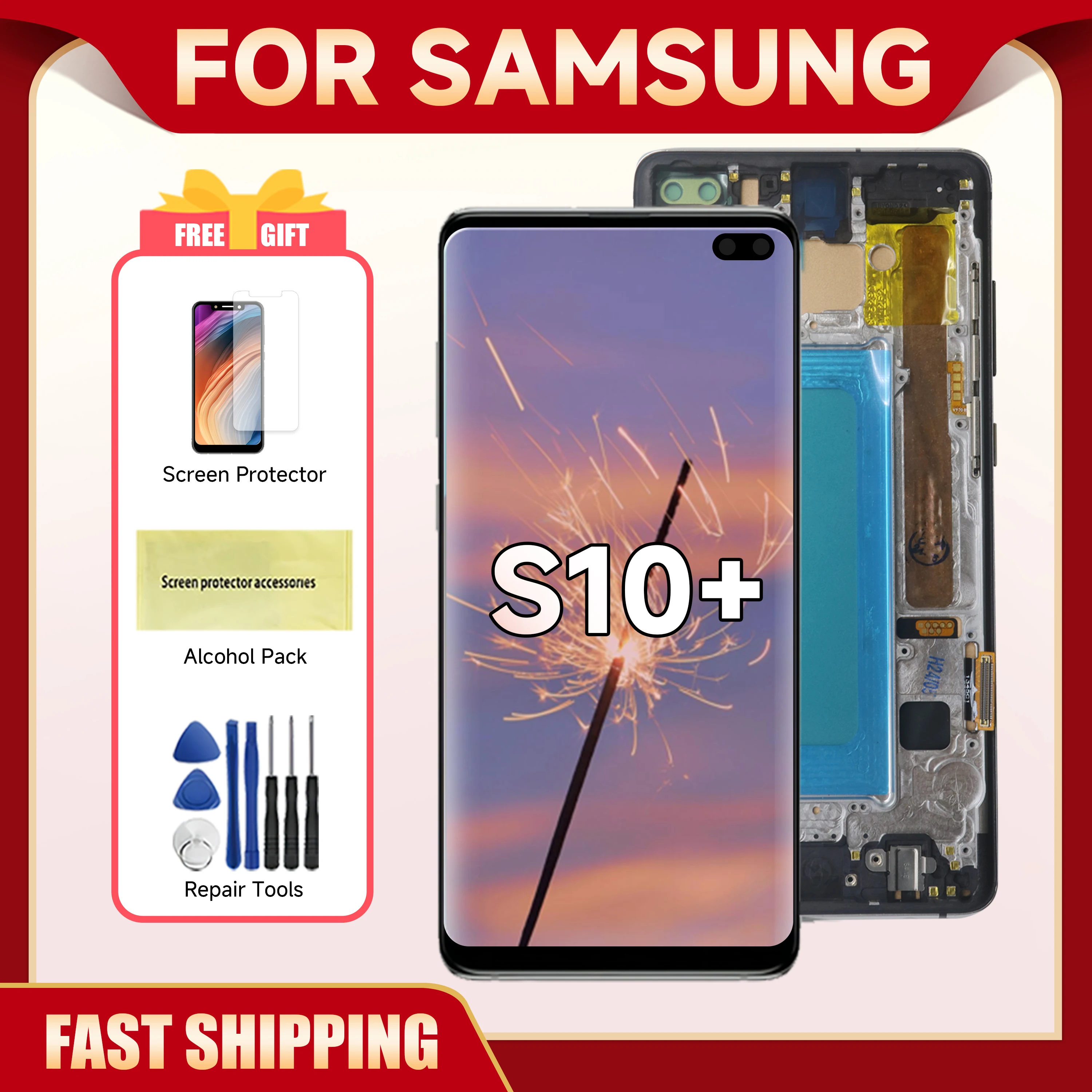 테스트된 S10 플러스 LCD, 프레임 포함, 삼성 S10 + G975 G975F/DS 디스플레이, 터치 스크린 디지타이저 어셈블리 교체