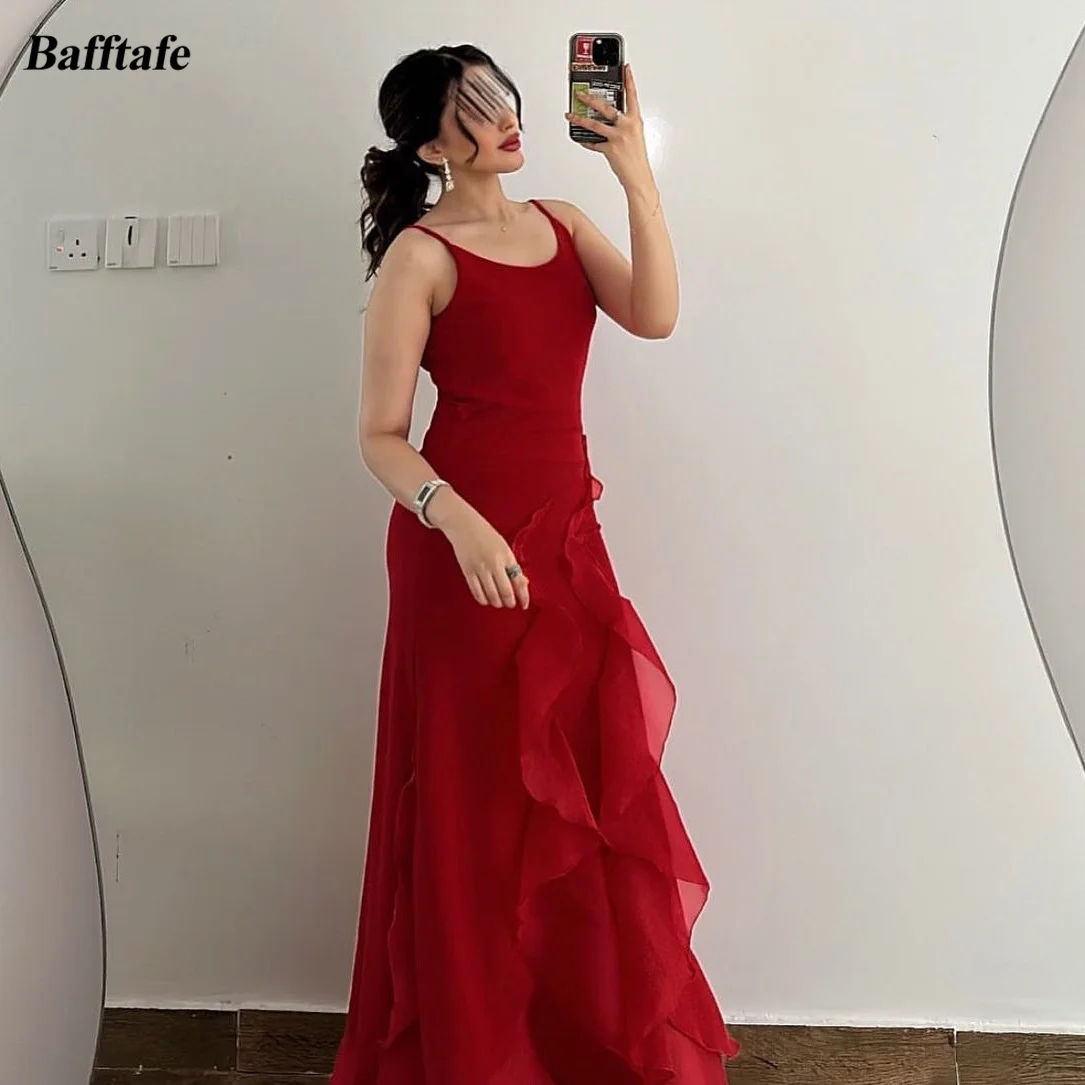 

Bafftafe Burgundy Sheath Long Women Prom Dresses Scoop Straps Ruffles Formal Evening Dress Special Occasion Party Gowns 2024