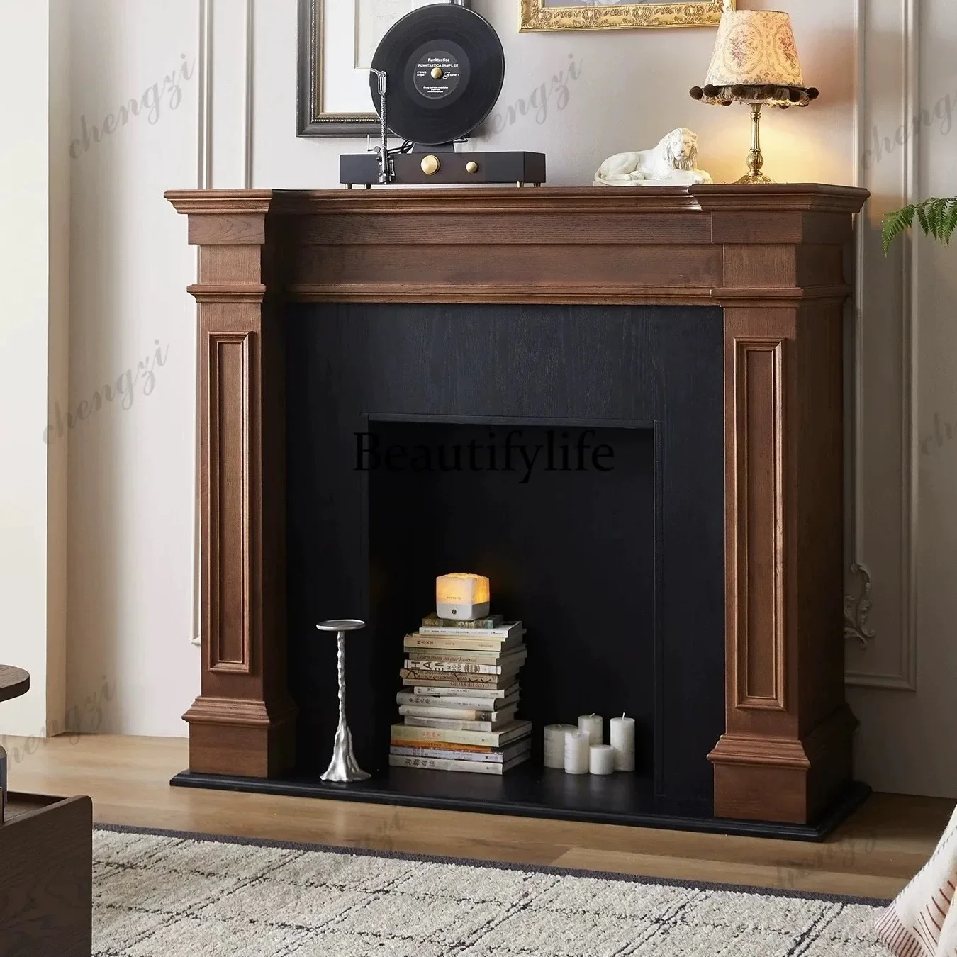 B56 American retro solid wood fireplace cabinet French living room mantel foyer decorative cabinet simulated flame fireplace