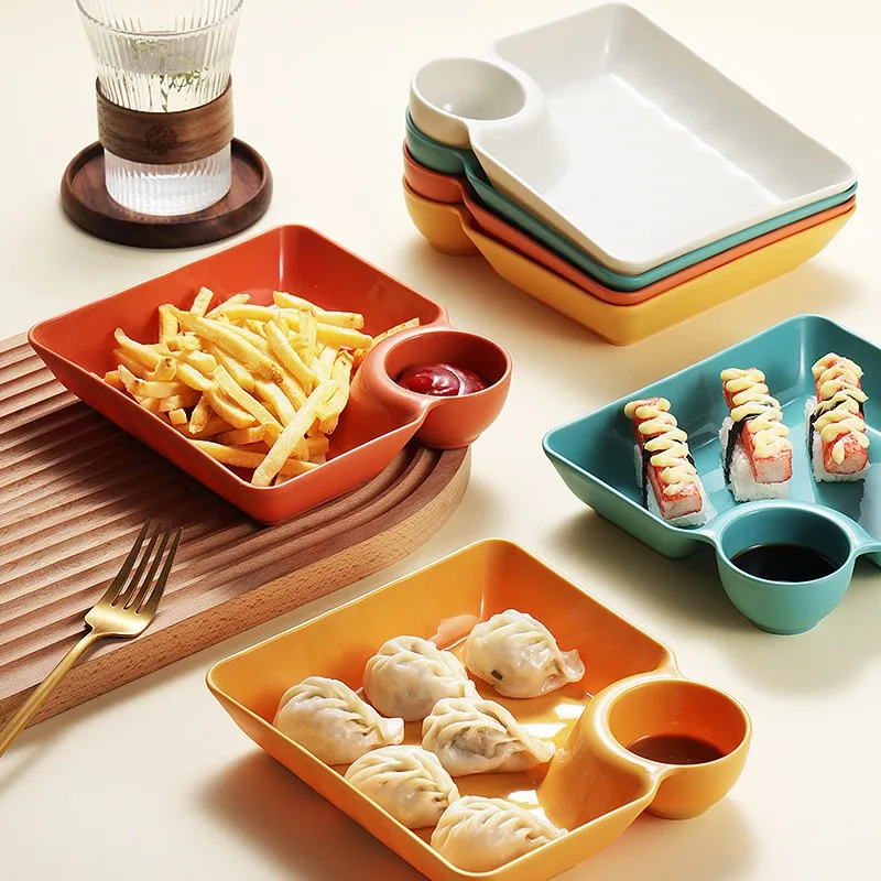 New 2/1Pc Square Dumpling Plate with Vinegar Space Snack Platter Creative Separated Divided Tray Tableware Christmas Tableware