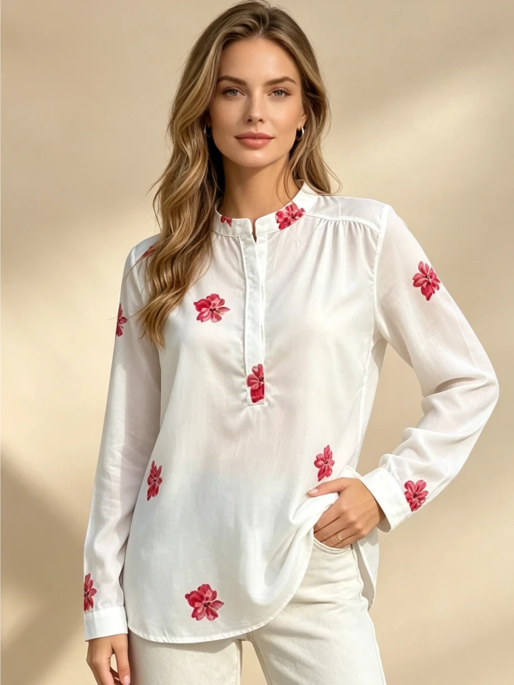 New Women's Fall Vintage Floral Print Long Sleeve Blouse Stand Collar Button Front Loose Fit Shirt Spring Casual Office Wear