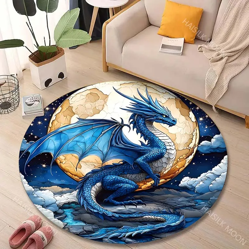 

1PC Blue dragon and full moon Print Round Carpet for Living Room Bedroom Sofa Table Floor Mat Area Rug Luxury Gift