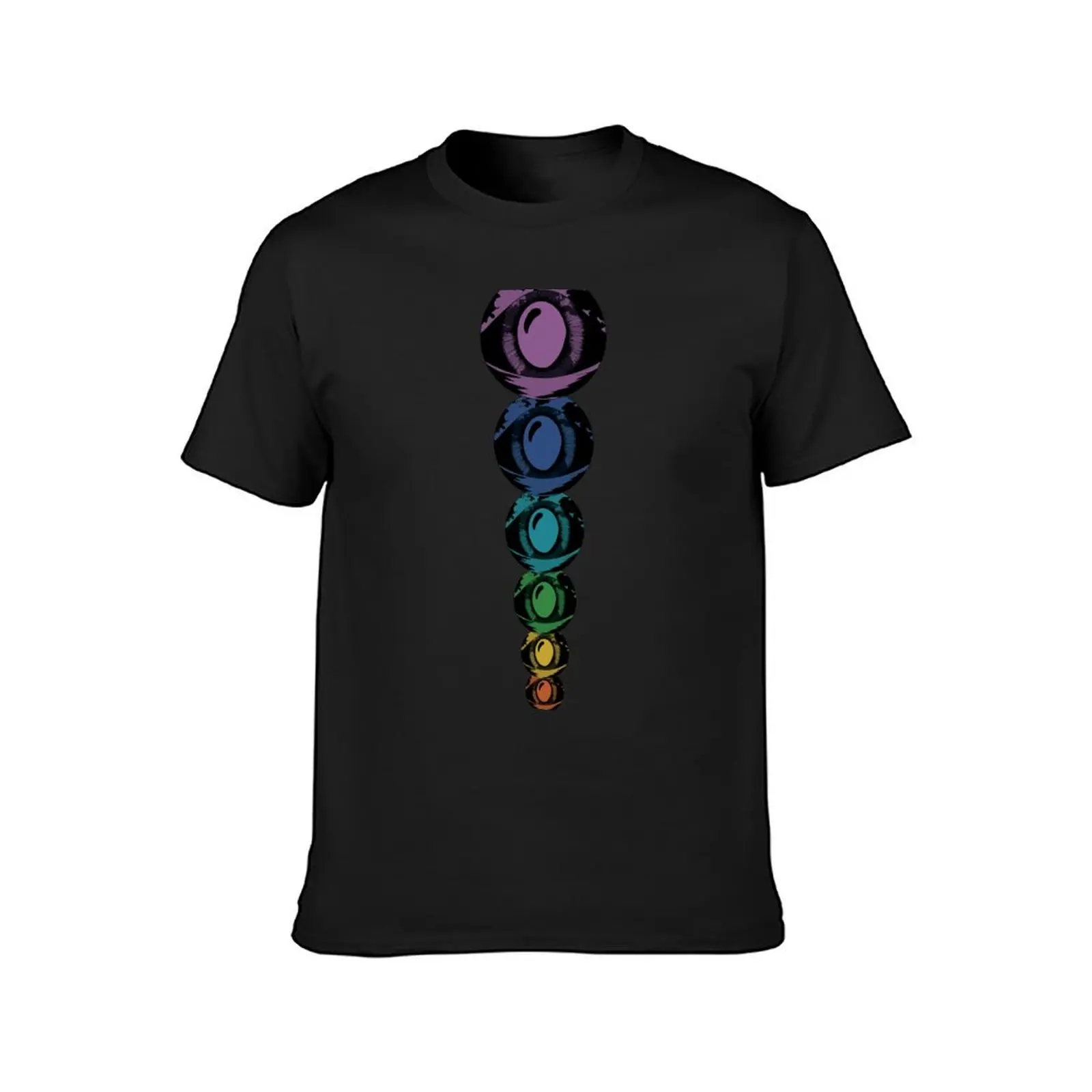 The seven chakras in an ascending row with the third eye open. Vertical. T-Shirt korean fashion tees men clothings