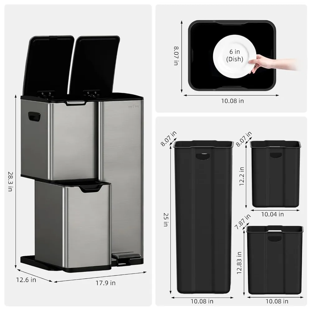 16 Gal 3 in 1 Kitchen Trash Can, Triple Compartment Recycling Bin for Home Office
