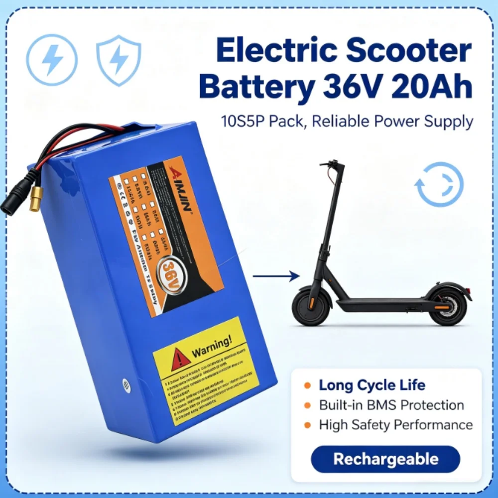 10S5P 36V 20Ah Lithium Ion Battery Pack for Electric Scooter with Built-in BMS 1000W Motor - Rechargeable Battery for Electric T