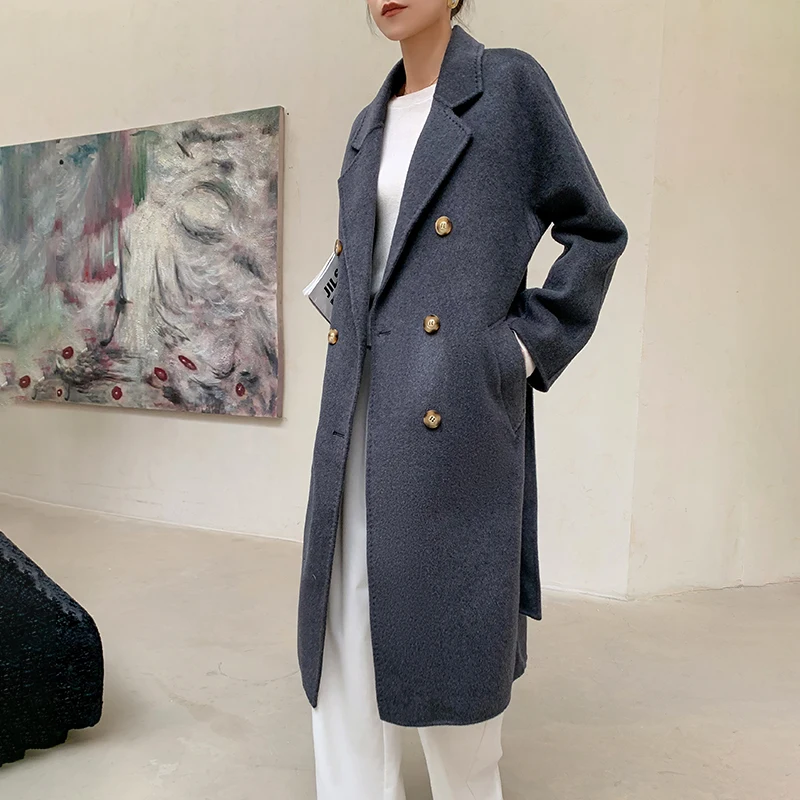 

Hand-sewn Cashmere Women's High-end Thickened Woolen Coat Women Coat With Belt Solid Color Long Sleeve Outerwear Top 2024 New