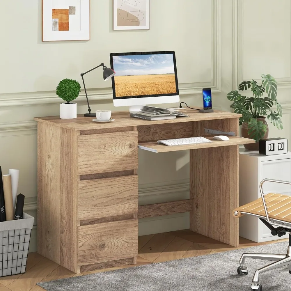 

Computer Desk with 3 Storage Drawers & Built-in Charging Station, Home Office Desk with Keyboard Tray, PC Desk Study