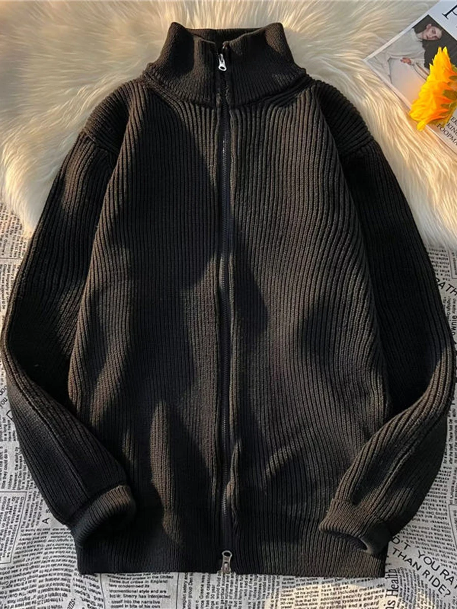 レトロ日本 Thiened 暖かいニットジッパーカーディガンメンズ秋冬トレンディなルーズアウタースタンドカラーセーター