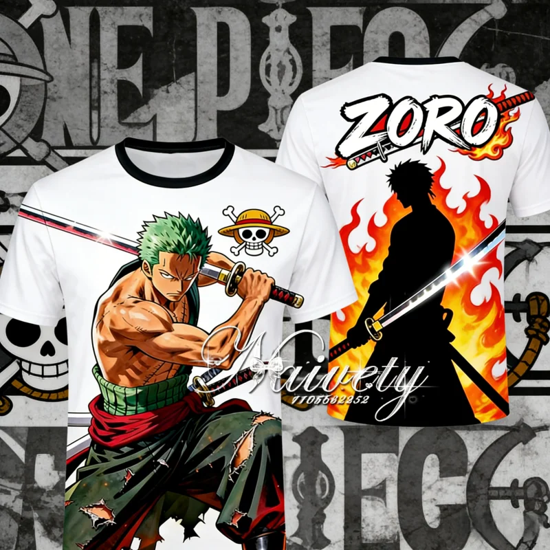 2026 Sommer One Piece Roronoa Zoro Retro 3D-Druck T-Shirt für Erwachsene und Kinder Atmungsaktiv Schnelltrocknend Outdoor-Sport Kurzarm-Shirt Y2k