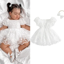 Newborn Baby Girls Rompers Dress Flower Embroidered Puff Sleeve Layered Tulle Skirt Hem Toddler Bodysuits with Headband