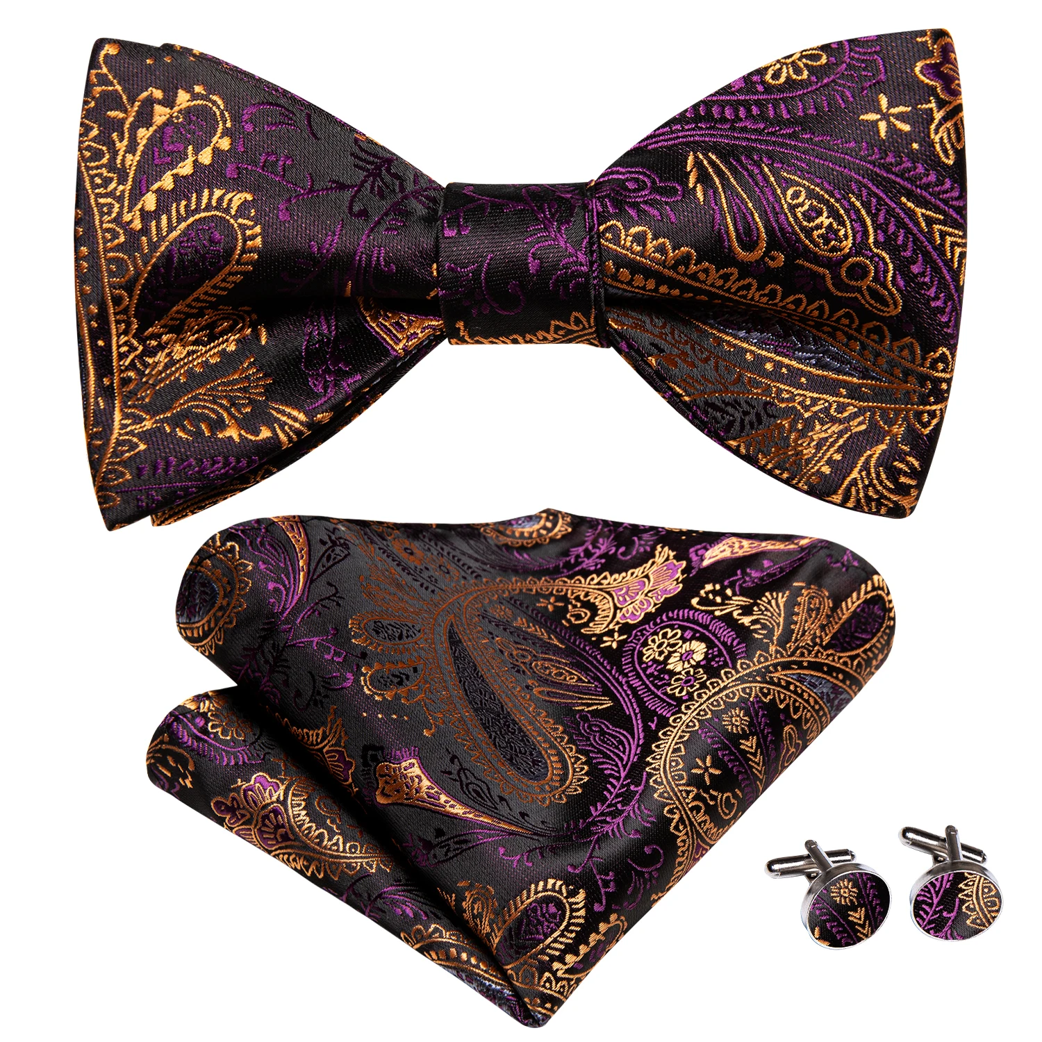 60 Colors Silk Mens Self Bowtie Jacquard Woven Bow Tie Hanky Cufflinks Set for Men Black White Paisley Floral Adjustable Gift