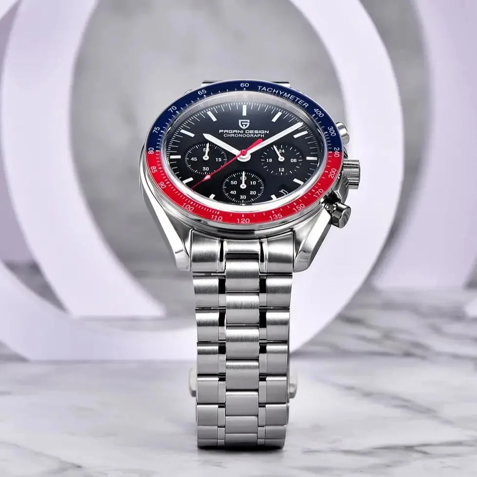 

Новые мужские часы 2025 года, роскошные кварцевые часы с сапфировым безелем и фазами луны, спортивный хронограф, водонепроницаемые наручные часы