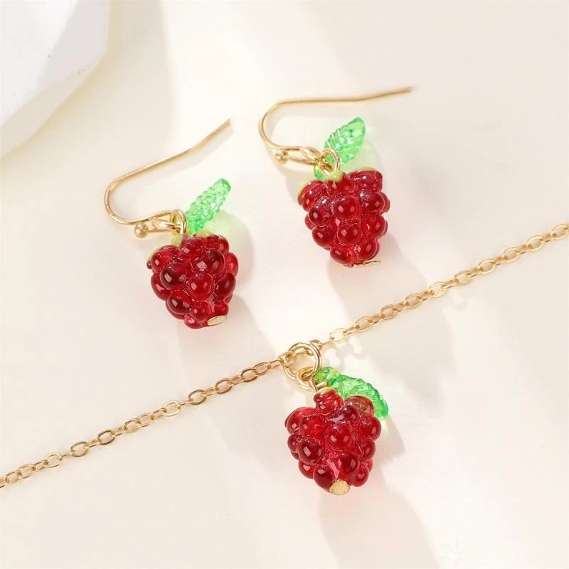 Stylish Raspberry Necklace and Earrings Set Fruit Pendant Accessories for Women