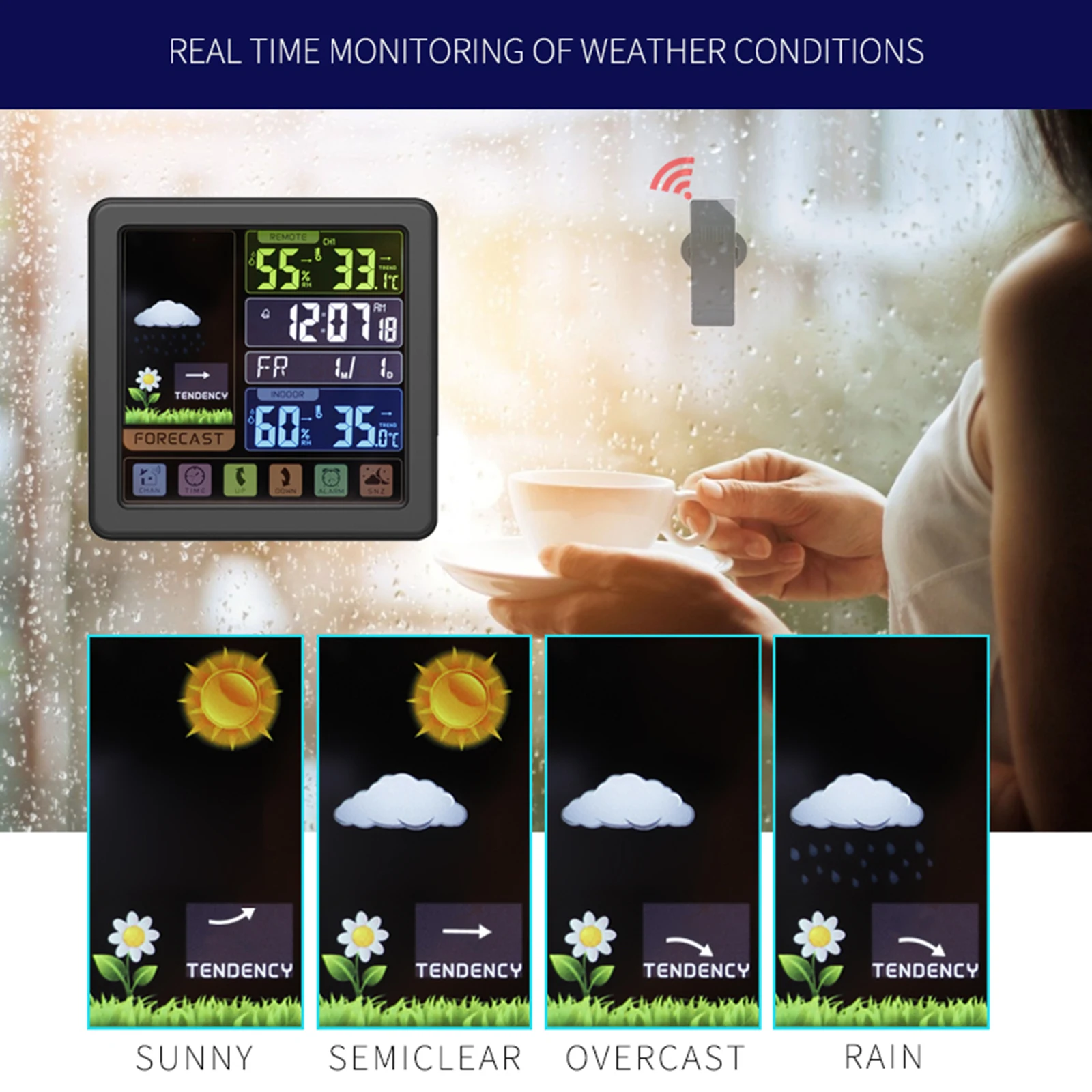 Multi-Function Wireless Weather Station with 6.1 Inch Lcd Touch Screen Display Temperature, Humidity, Calendar, Time Alarm Clock