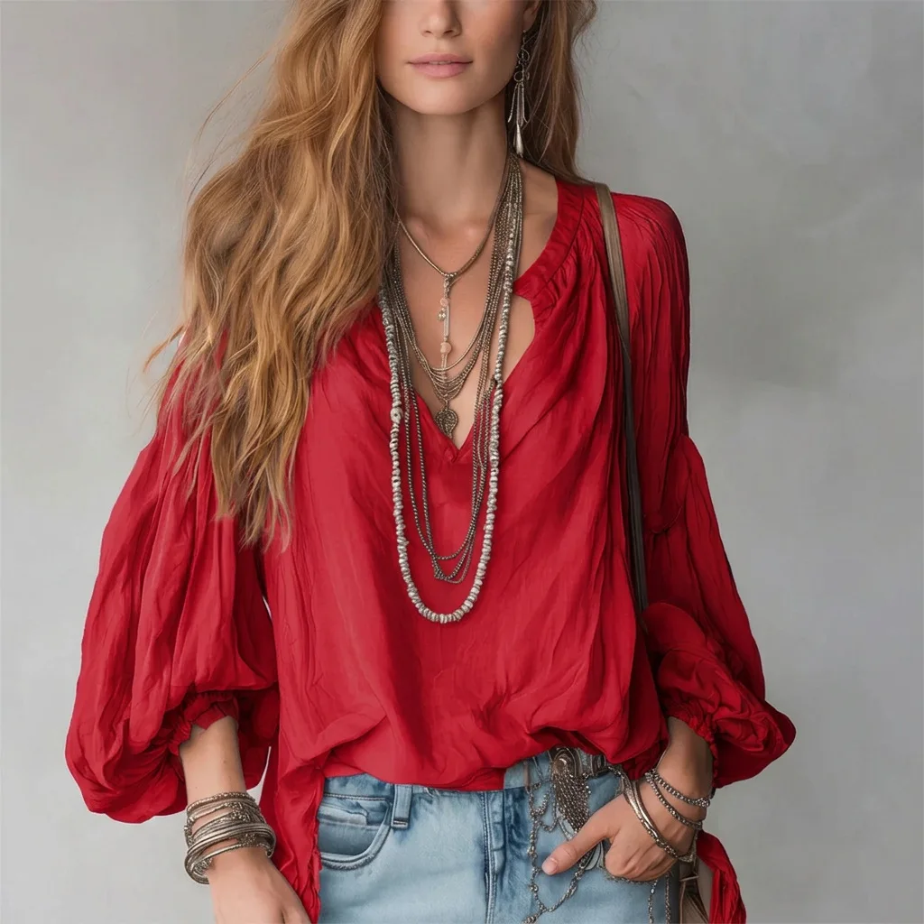 Urlaubs-Boho-Bluse für Damen, V-Ausschnitt, Puffärmel, locker geschnittenes, lässiges Strand-Oberteil mit langen Ärmeln – Detail 6