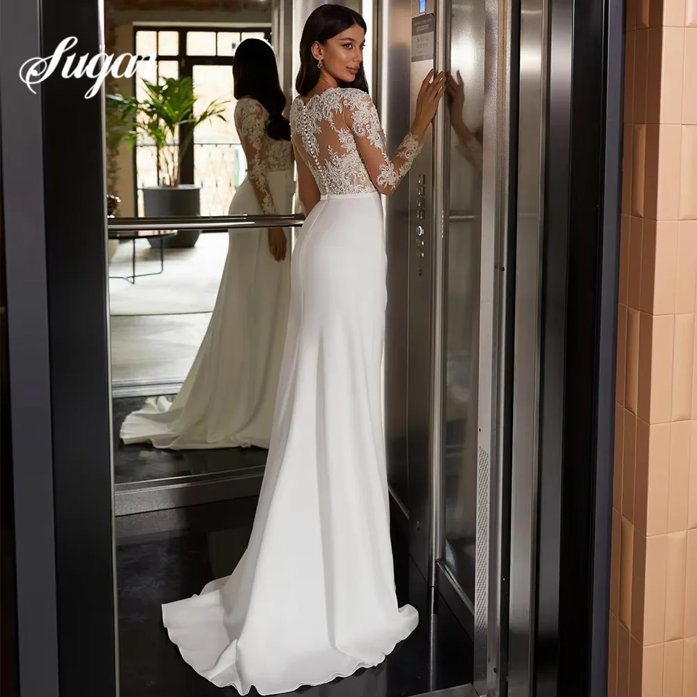 Side Slit Mermaid Wedding Dress V-Neck Tulle Applique and Satin Side Slit Floor Length Sexy Illusion Buttons Customized Gowns