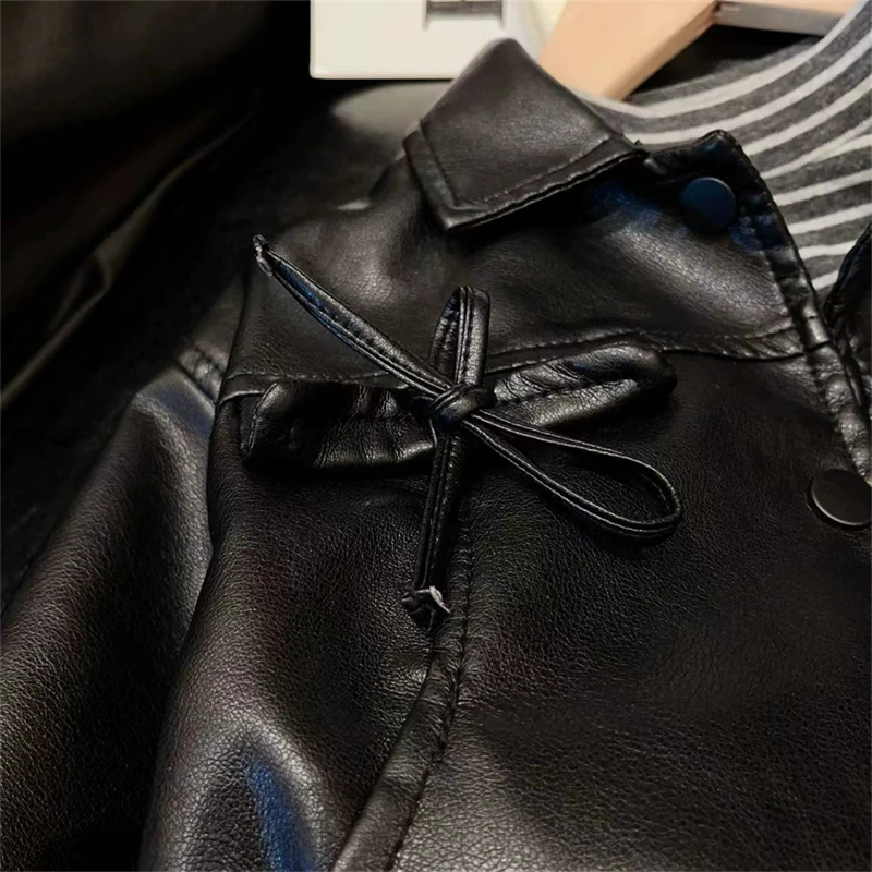 Bebê menina couro do plutônio turn down collar outerwear outono inverno moda quente arco bolso jaqueta coreano crianças casaco casual