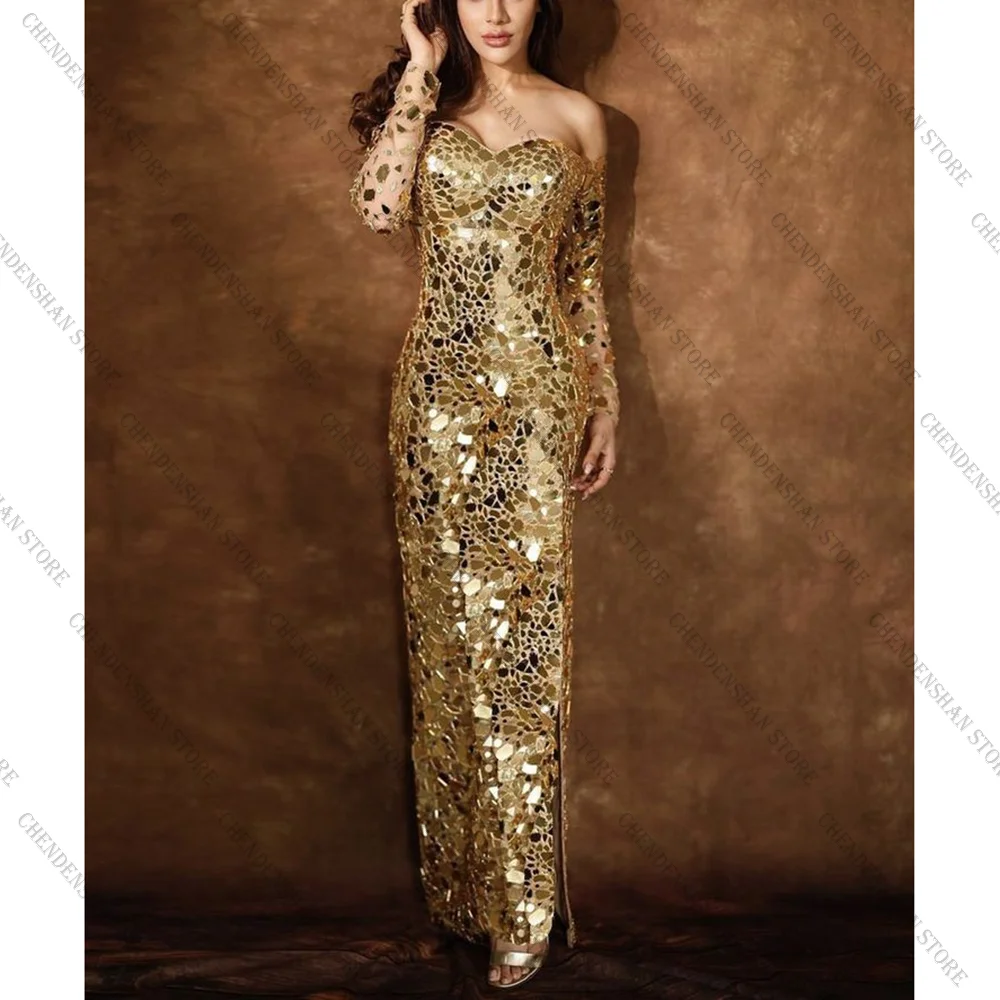 

Luxury Gold Off The Shoulder Slim Evening Dress Chic Prom Gown Robes De Soirée Customized Dresses